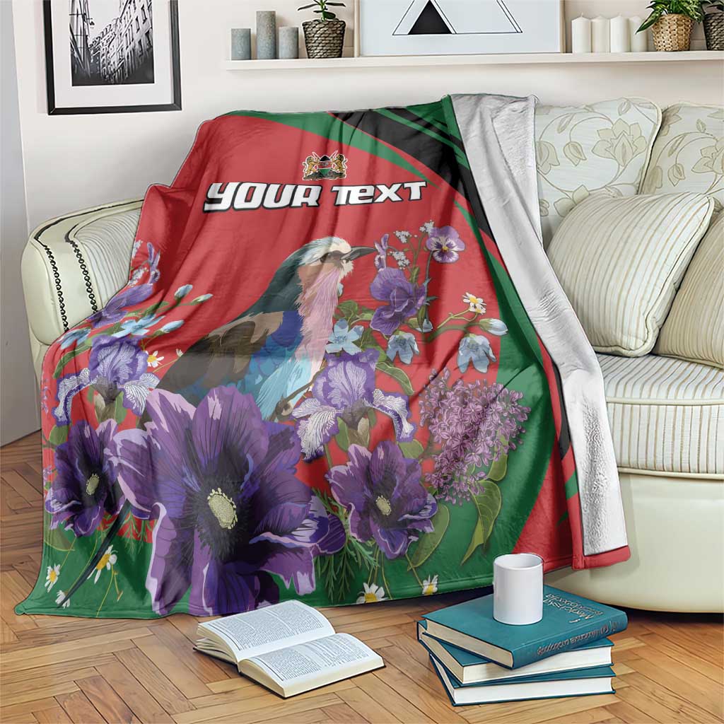 Personalized fleece blanket with red, green, black panels; bird and purple flowers; custom text