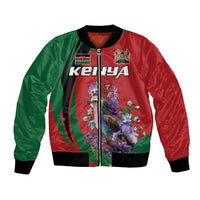 Red and green satin bomber jacket with floral bird graphic and front zipper.