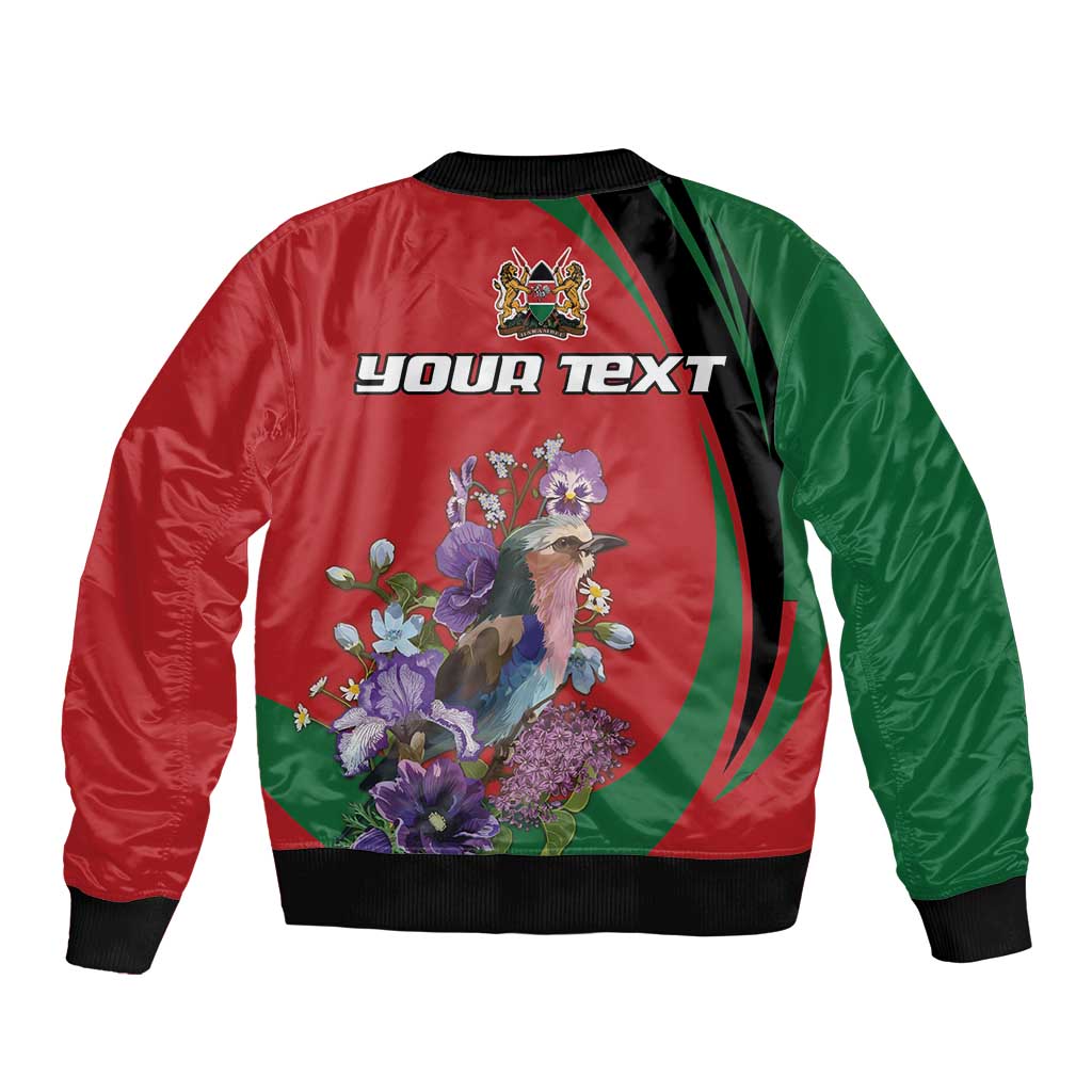 Red and green satin bomber jacket with 'YOUR TEXT' back print and floral bird art.