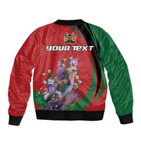 Red and green satin bomber jacket with 'YOUR TEXT' back print and floral bird art.