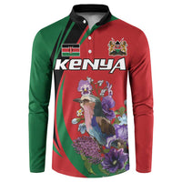 Men's button-up sweatshirt, red and green with bird-and-flower graphic