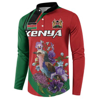 Men's button-up sweatshirt, red and green, crest badge and bird-flower print