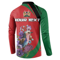 Men's button-up sweatshirt back, red and green with “Your Text” and floral bird art
