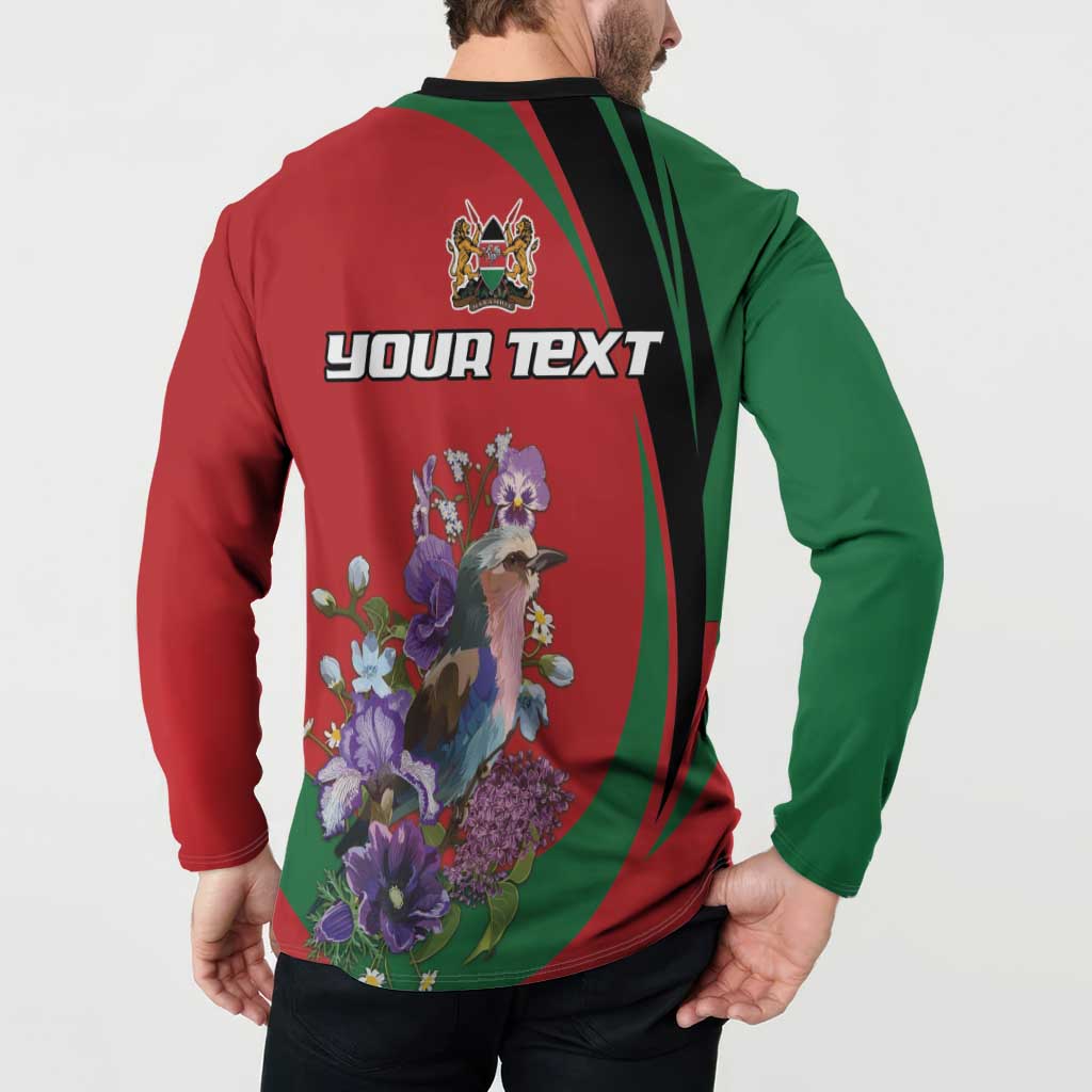 Men's button-up sweatshirt back view, red and green with “Your Text” bird-flower design