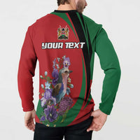 Men's button-up sweatshirt back view, red and green with “Your Text” bird-flower design