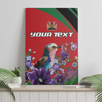 Red canvas wall art with bird illustration, purple violet flowers, and green accent stripes