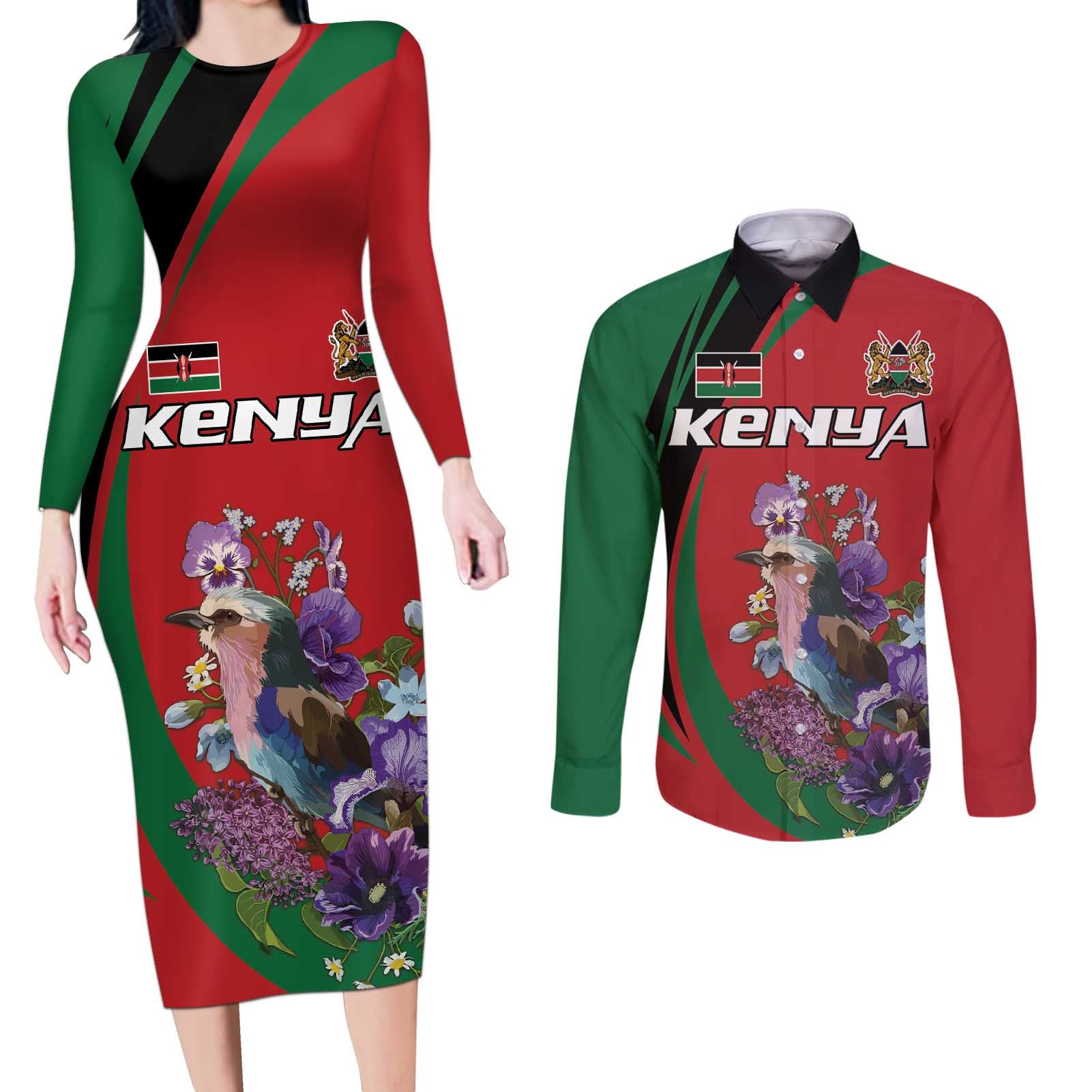 Personalized Kenya Lilac Breasted Roller Couples Matching Long Sleeve Bodycon Dress and Long Sleeve Button Shirt With Violet Flowers