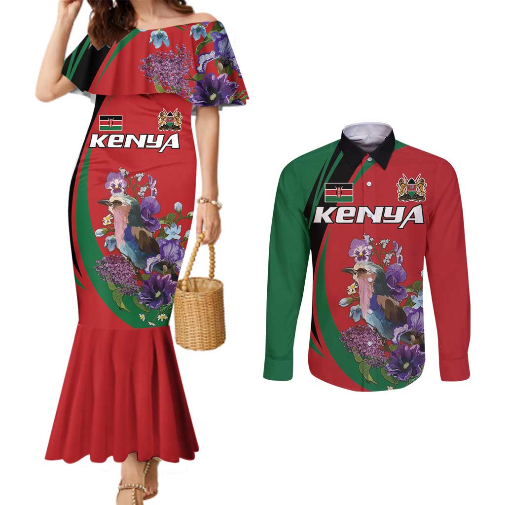 Personalized Kenya Lilac Breasted Roller Couples Matching Mermaid Dress and Long Sleeve Button Shirt With Violet Flowers