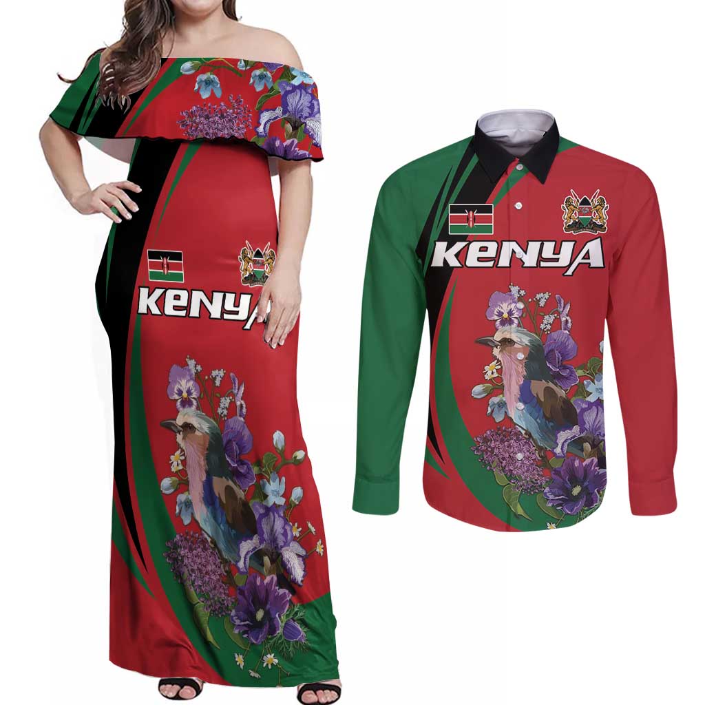 Personalized Kenya Lilac Breasted Roller Couples Matching Off Shoulder Maxi Dress and Long Sleeve Button Shirt With Violet Flowers