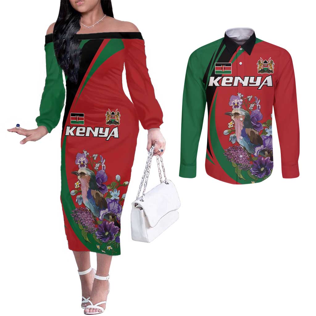 Personalized Kenya Lilac Breasted Roller Couples Matching Off The Shoulder Long Sleeve Dress and Long Sleeve Button Shirt With Violet Flowers