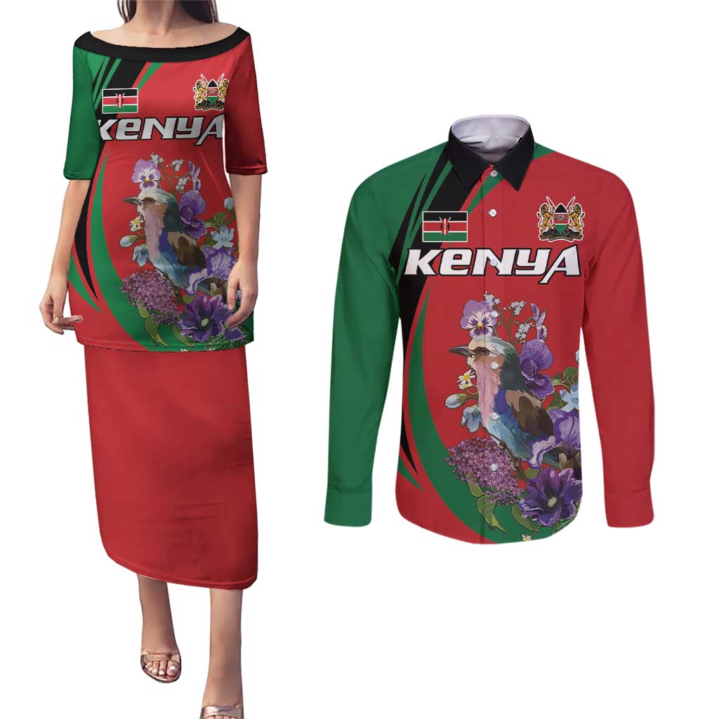 Personalized Kenya Lilac Breasted Roller Couples Matching Puletasi and Long Sleeve Button Shirt With Violet Flowers