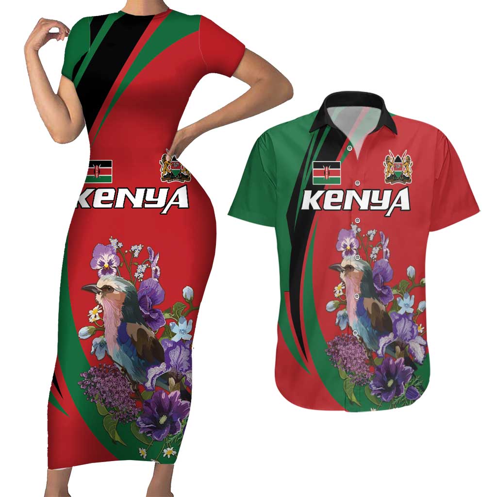 Personalized Kenya Lilac Breasted Roller Couples Matching Short Sleeve Bodycon Dress and Hawaiian Shirt With Violet Flowers