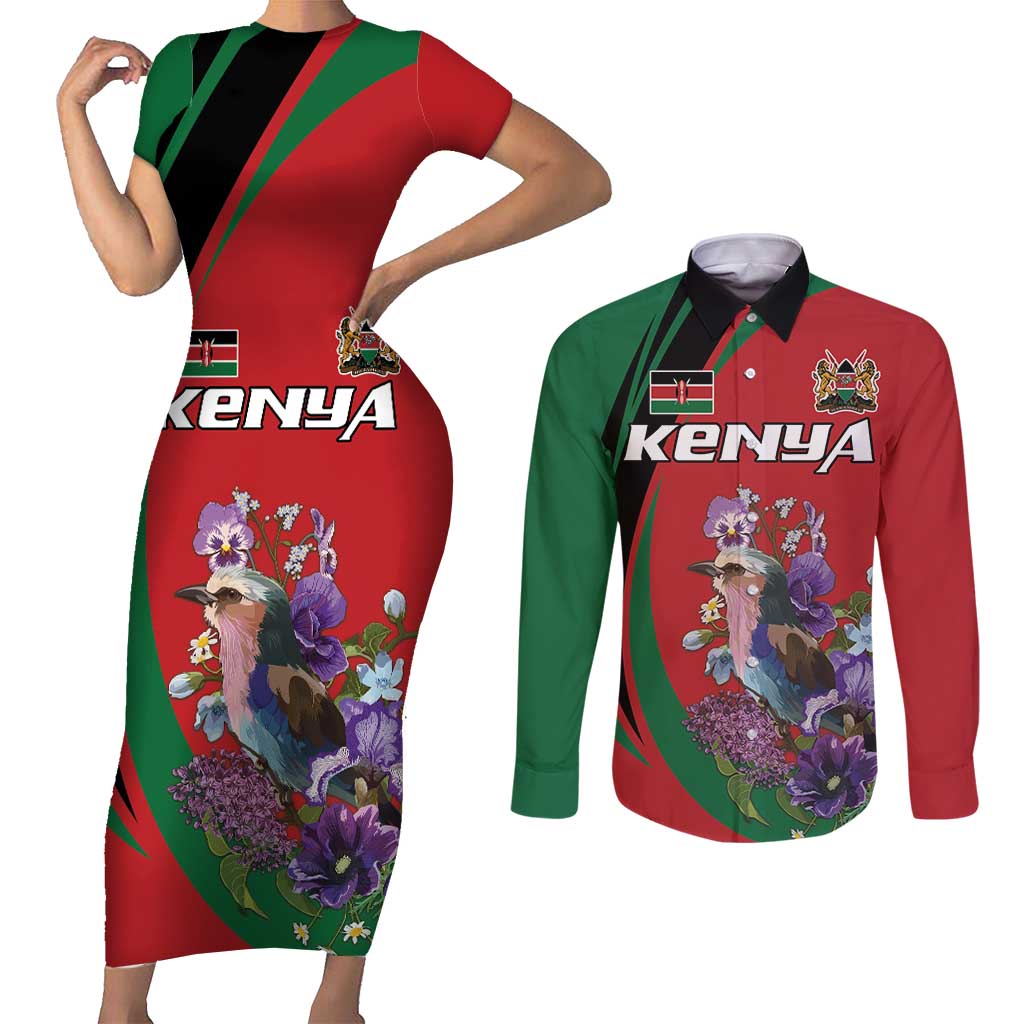 Personalized Kenya Lilac Breasted Roller Couples Matching Short Sleeve Bodycon Dress and Long Sleeve Button Shirt With Violet Flowers