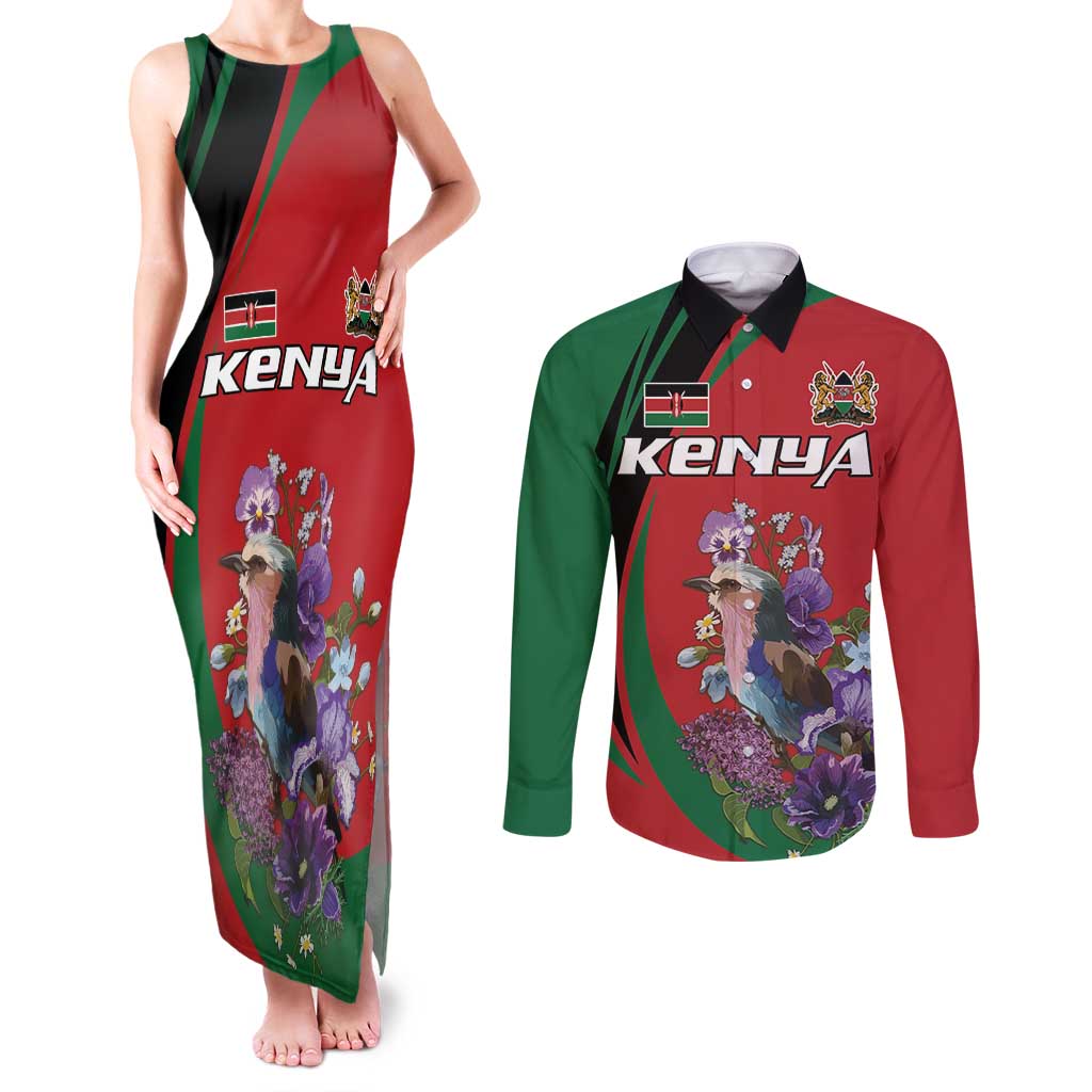 Personalized Kenya Lilac Breasted Roller Couples Matching Tank Maxi Dress and Long Sleeve Button Shirt With Violet Flowers