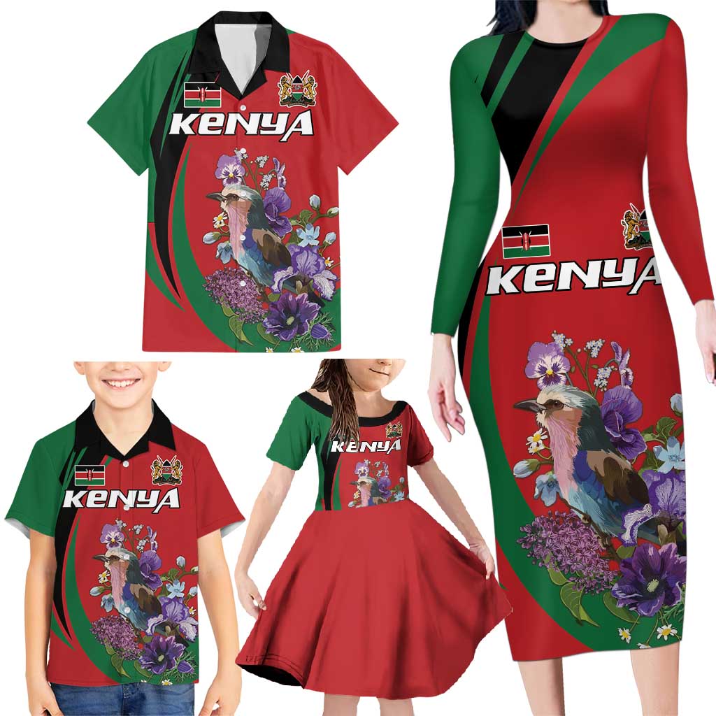 Personalized Kenya Lilac Breasted Roller Family Matching Long Sleeve Bodycon Dress and Hawaiian Shirt With Violet Flowers