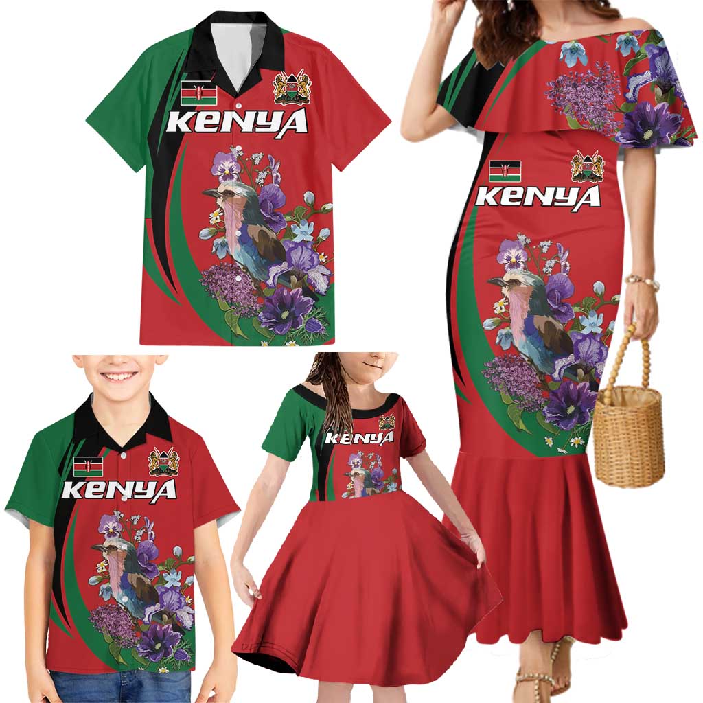 Personalized Kenya Lilac Breasted Roller Family Matching Mermaid Dress and Hawaiian Shirt With Violet Flowers