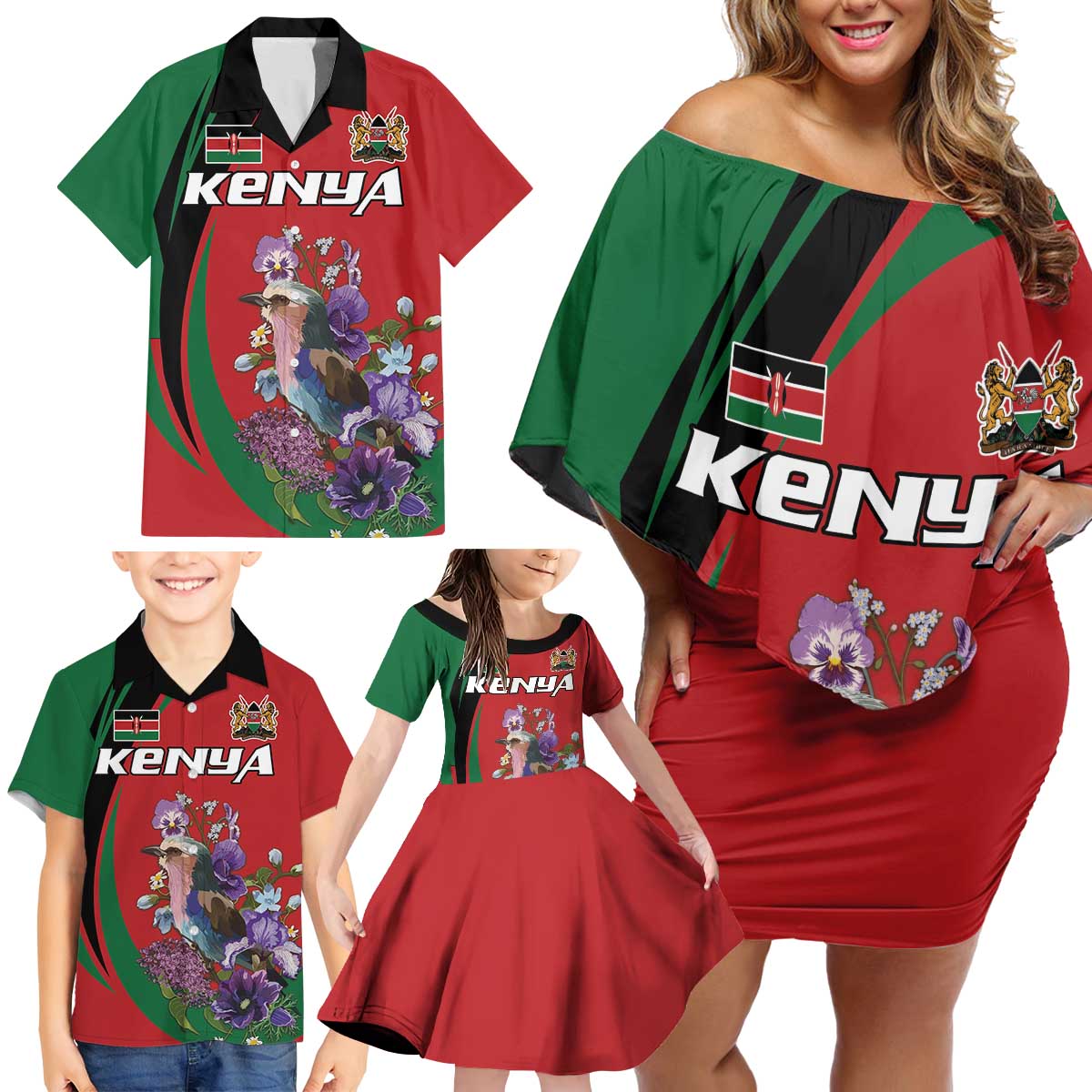 Personalized Kenya Lilac Breasted Roller Family Matching Off Shoulder Short Dress and Hawaiian Shirt With Violet Flowers