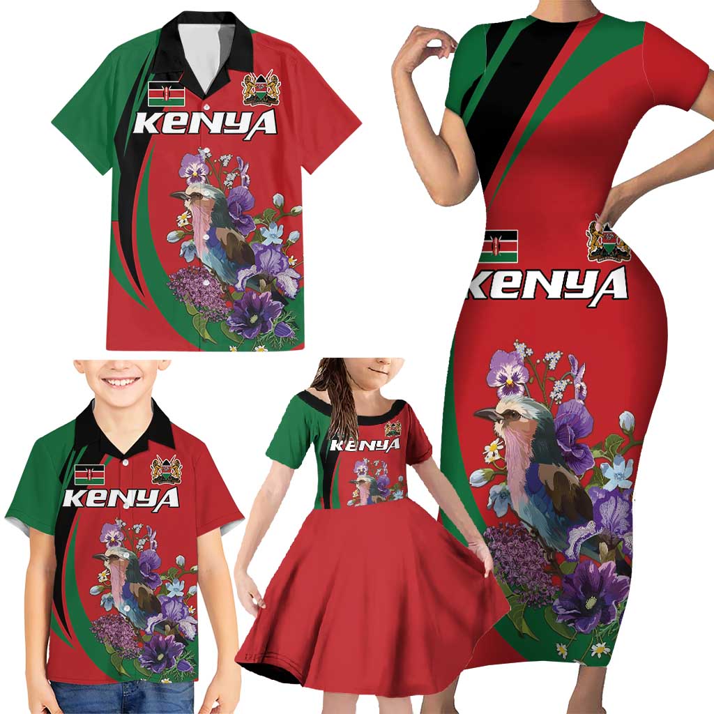 Personalized Kenya Lilac Breasted Roller Family Matching Short Sleeve Bodycon Dress and Hawaiian Shirt With Violet Flowers