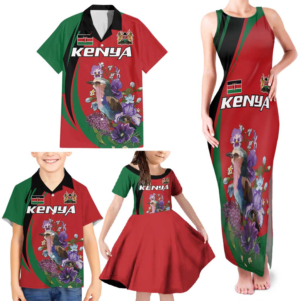 Personalized Kenya Lilac Breasted Roller Family Matching Tank Maxi Dress and Hawaiian Shirt With Violet Flowers