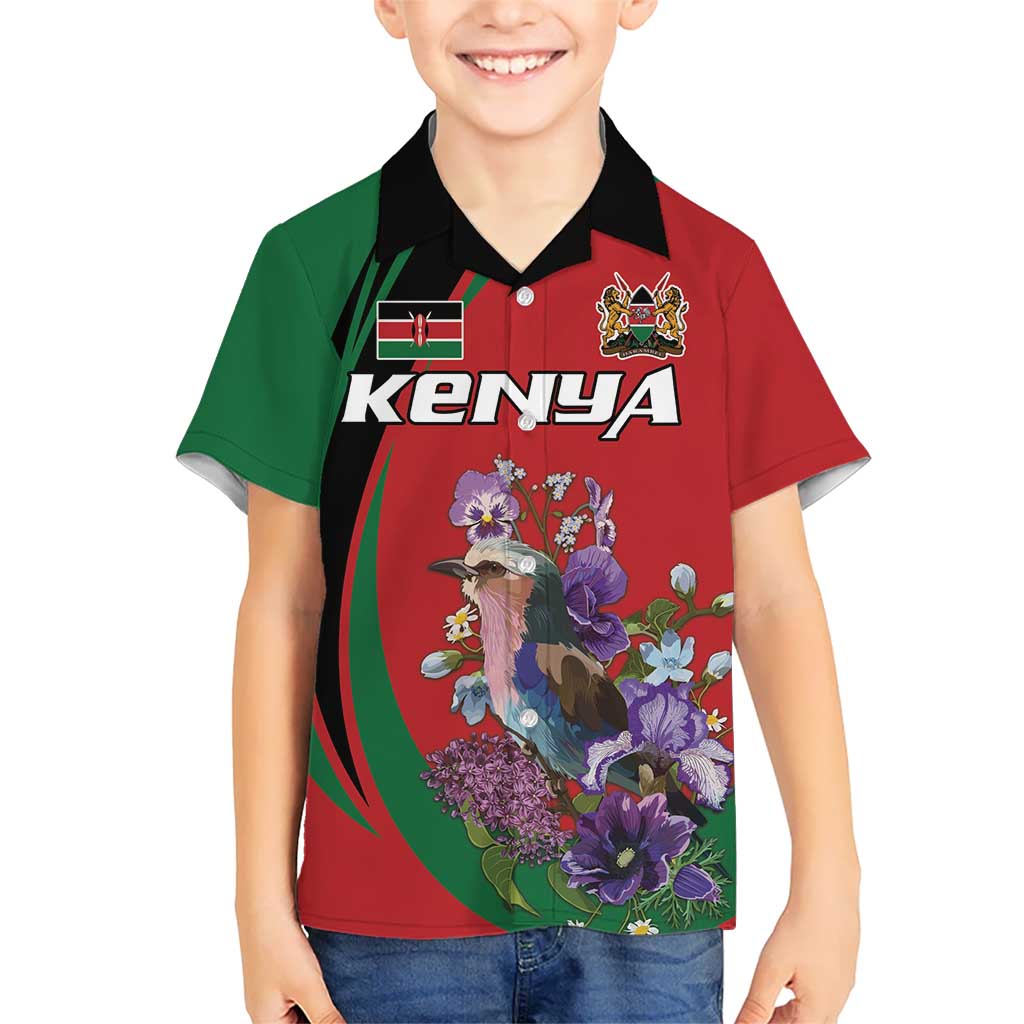 Personalized Kenya Lilac Breasted Roller Kid Hawaiian Shirt With Violet Flowers