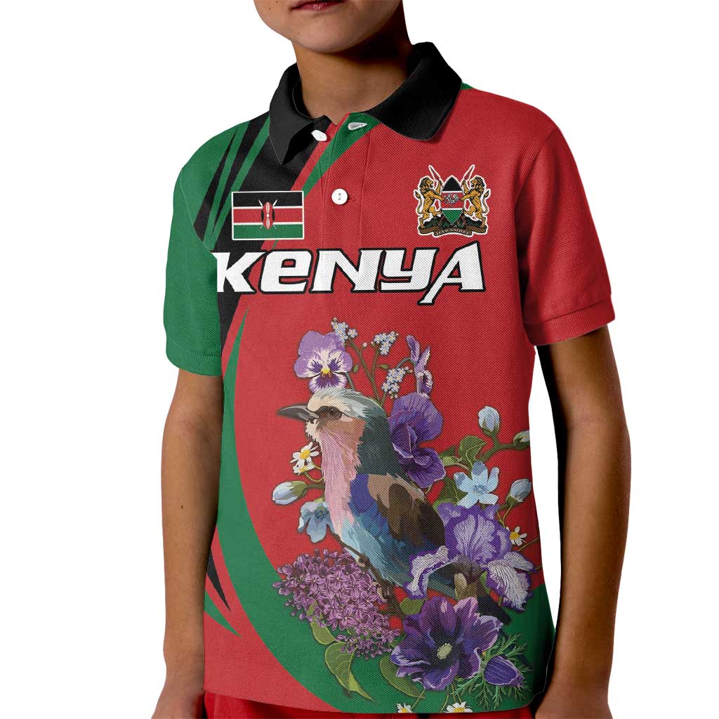 Personalized Kenya Lilac Breasted Roller Kid Polo Shirt With Violet Flowers