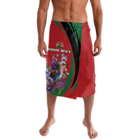 Red wrap skirt with bold floral bird print and green accents, front view