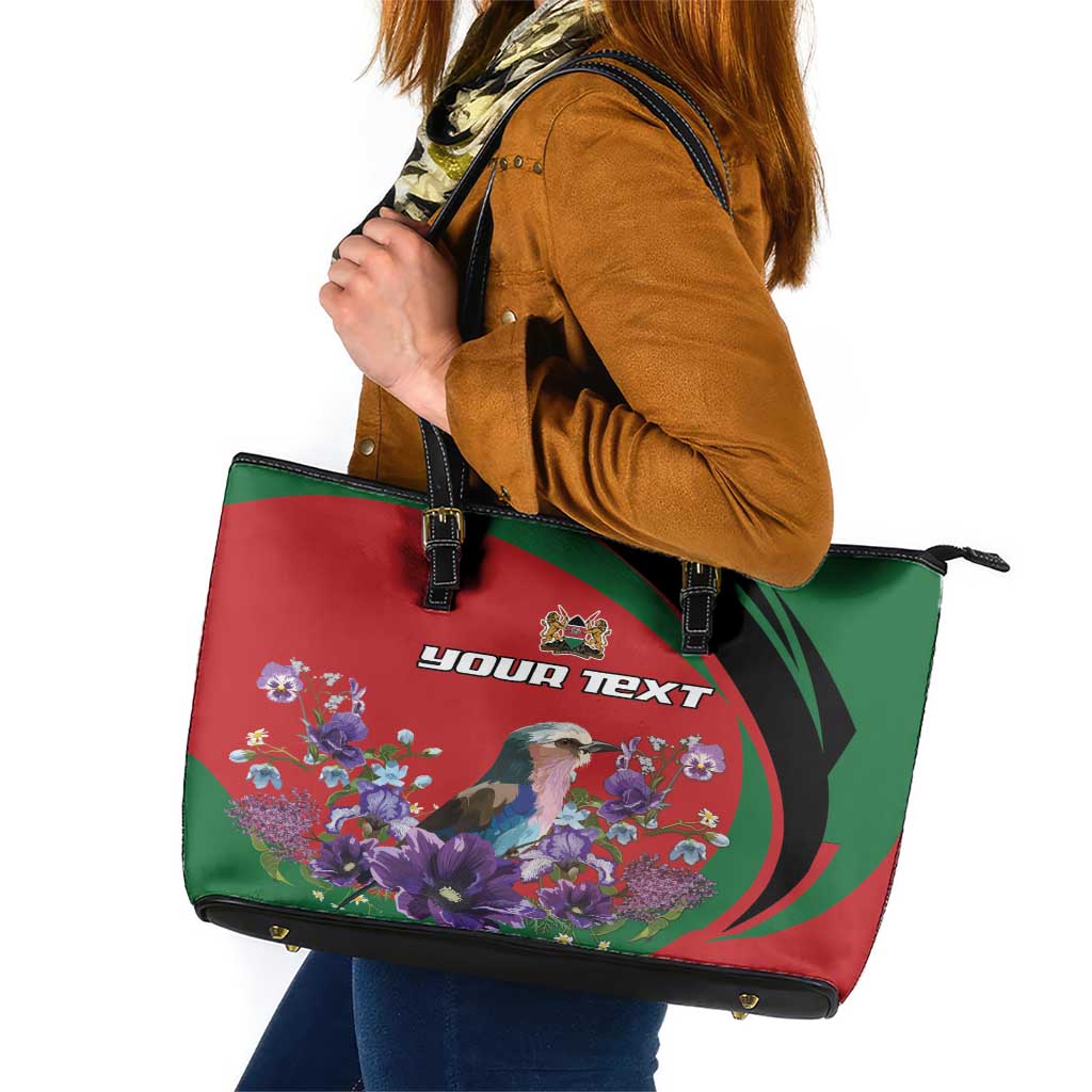 Personalized Kenya Lilac Breasted Roller Leather Tote Bag With Violet Flowers