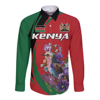 Red and green long-sleeve button shirt with floral bird front graphic