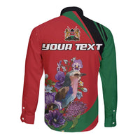 Red and green long-sleeve button shirt with floral bird back graphic and YOUR TEXT