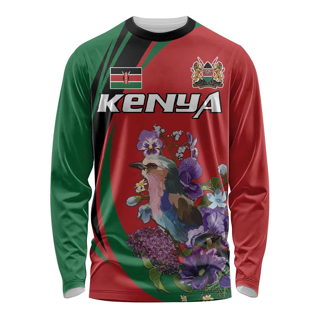 Personalized Kenya Lilac Breasted Roller Long Sleeve Shirt With Violet Flowers