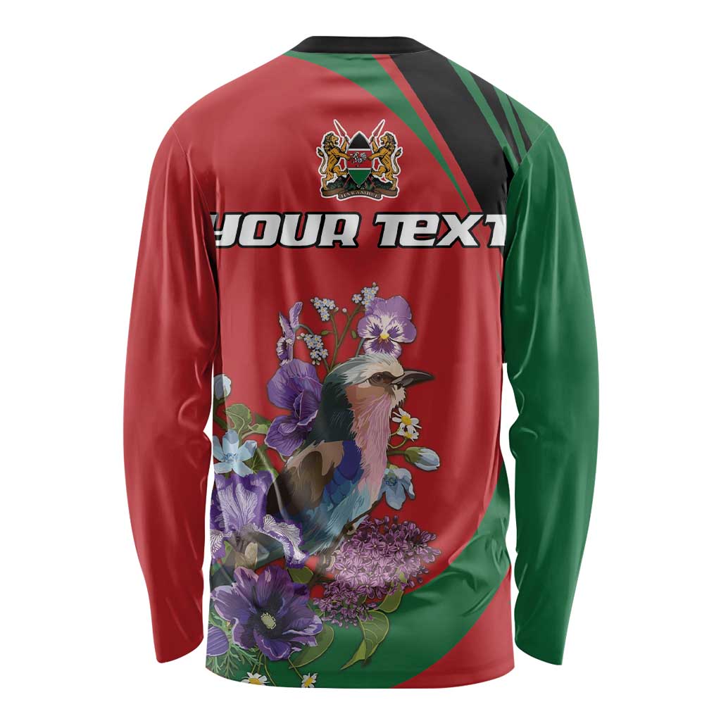 Personalized long-sleeve shirt, red/green panels, YOUR TEXT and bird flower print