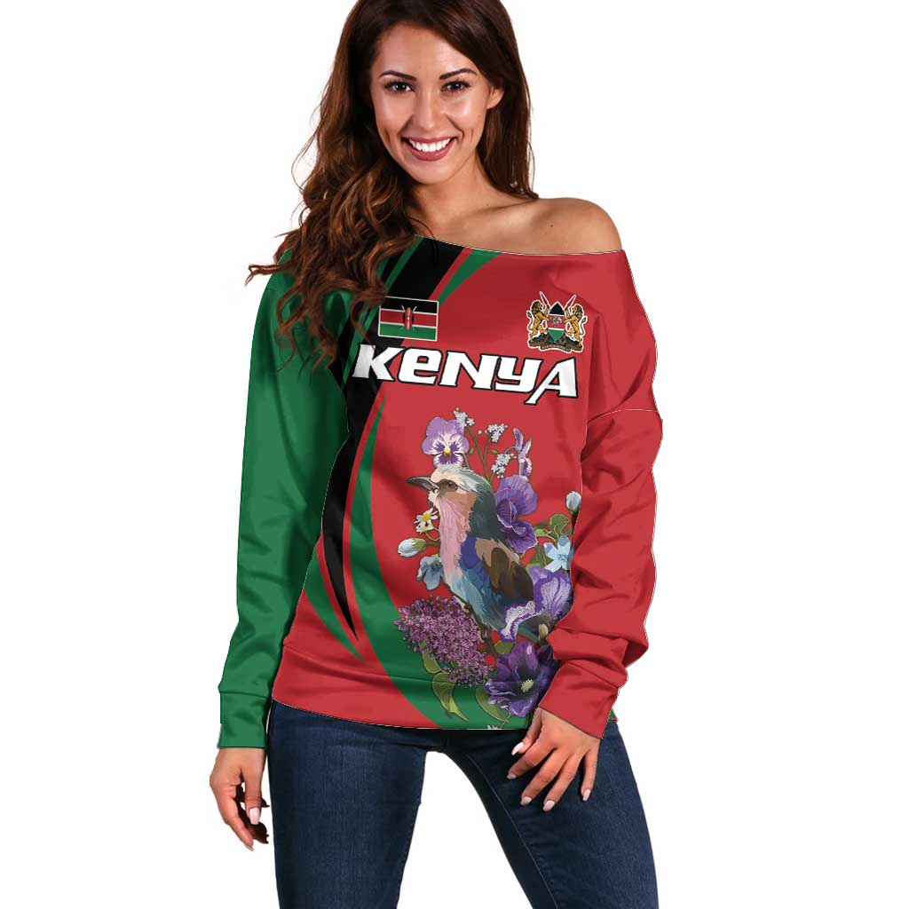 Personalized Kenya Lilac Breasted Roller Off Shoulder Sweater With Violet Flowers