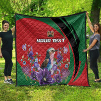 Personalized red-and-green quilt blanket with purple flowers, bird graphic, and “YOUR TEXT”