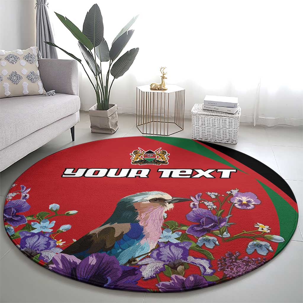 Red round personalized rug featuring a bird and purple flowers, green border, "YOUR TEXT"