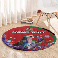 Red round personalized rug with a bird, purple floral print, green border, "YOUR TEXT"