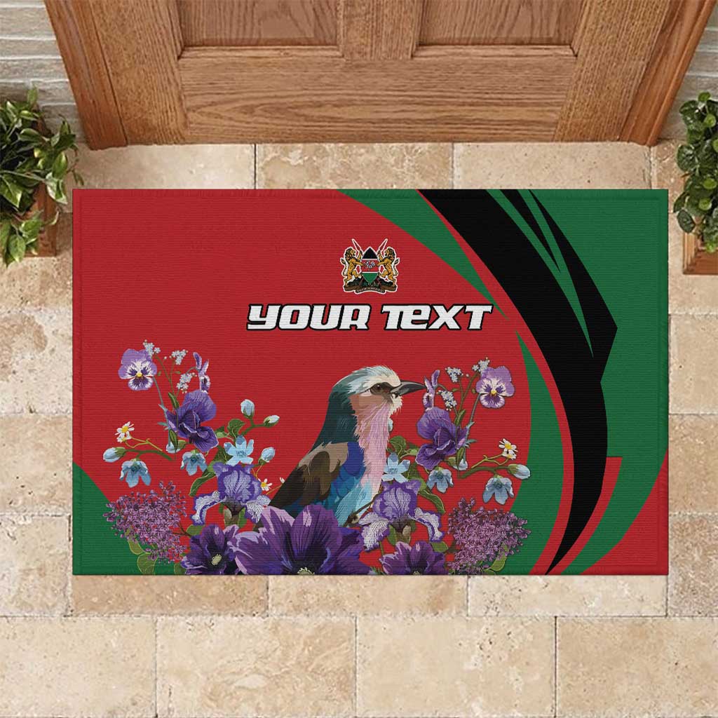 Personalized Kenya Lilac Breasted Roller Rubber Doormat With Violet Flowers