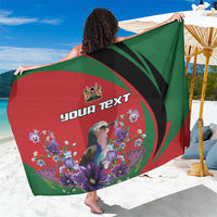 Personalized sarong with red and green drape, floral and portrait print, custom text