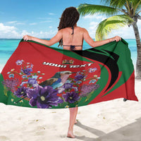 Personalized sarong, red-green wrap with floral bouquet and portrait print, custom text