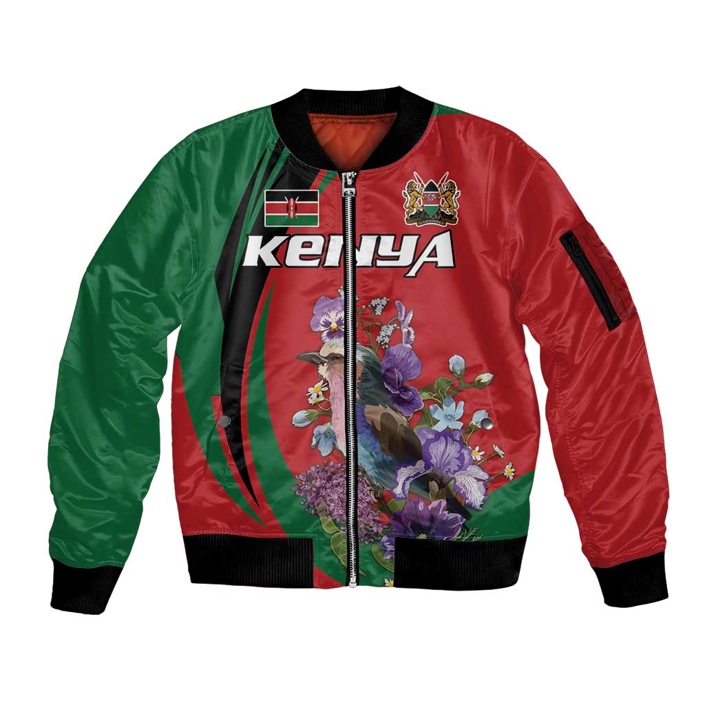 Personalized Kenya Lilac Breasted Roller Sleeve Zip Bomber Jacket With Violet Flowers