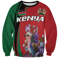 Unisex red crewneck sweatshirt with Kenya lettering, bird-and-violet flower artwork and emblem