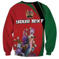 Unisex red crewneck sweatshirt with bird and violet floral graphic, faux text panel