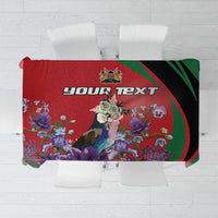Custom red tablecloth with purple flowers, green accents, and a text panel