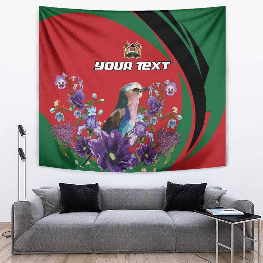 Personalized tapestry with lilac breasted roller, purple flowers, and red/green circular design