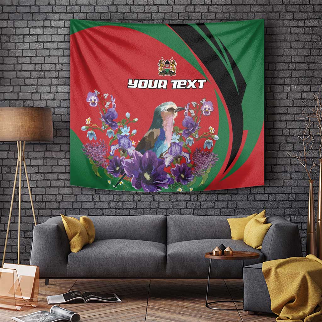 Personalized tapestry with lilac breasted roller, purple flowers, and red/green floral wreath design