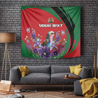 Personalized tapestry with lilac breasted roller, purple flowers, and red/green floral wreath design