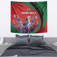 Personalized tapestry featuring lilac breasted roller, violet flowers, and 'YOUR TEXT' title