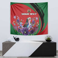 Personalized tapestry with lilac breasted roller, purple blooms, and 'YOUR TEXT' on red-green design