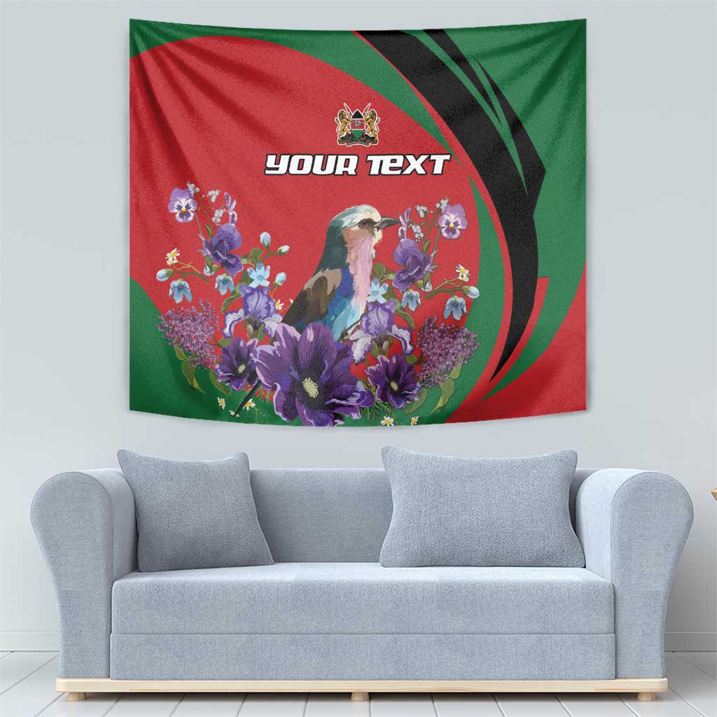 Personalized tapestry with lilac breasted roller and colorful violet flower bouquet in red/green