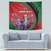 Personalized tapestry with lilac breasted roller and colorful violet flower bouquet in red/green