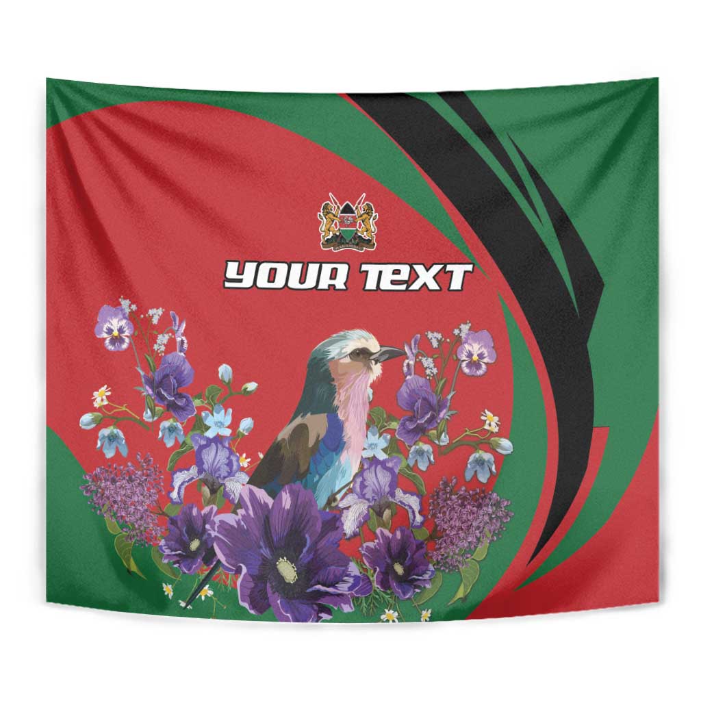 Personalized tapestry with lilac breasted roller, purple flowers, and 'YOUR TEXT' across top
